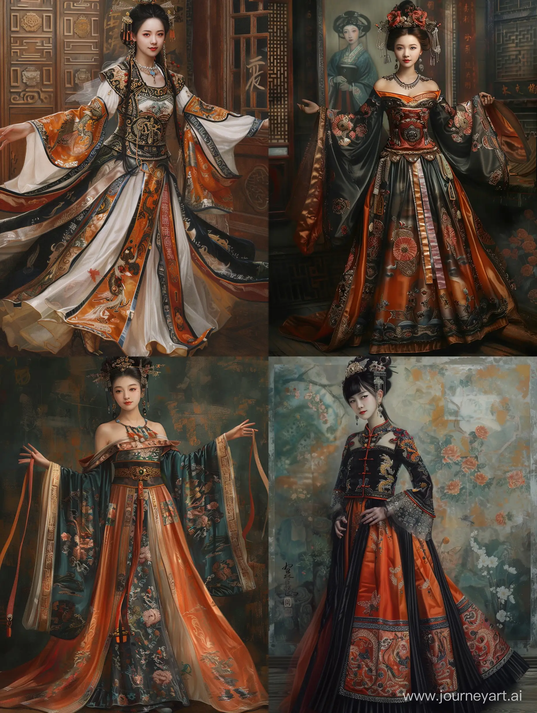 the chinese dance lady in the ornate han dynasty dress, in the style of social media portraiture, enchanting surrealism, fairycore, pre-raphaelite, portraitures with hidden meanings, realistic oil paintings, futuristic victorian --ar 3:4