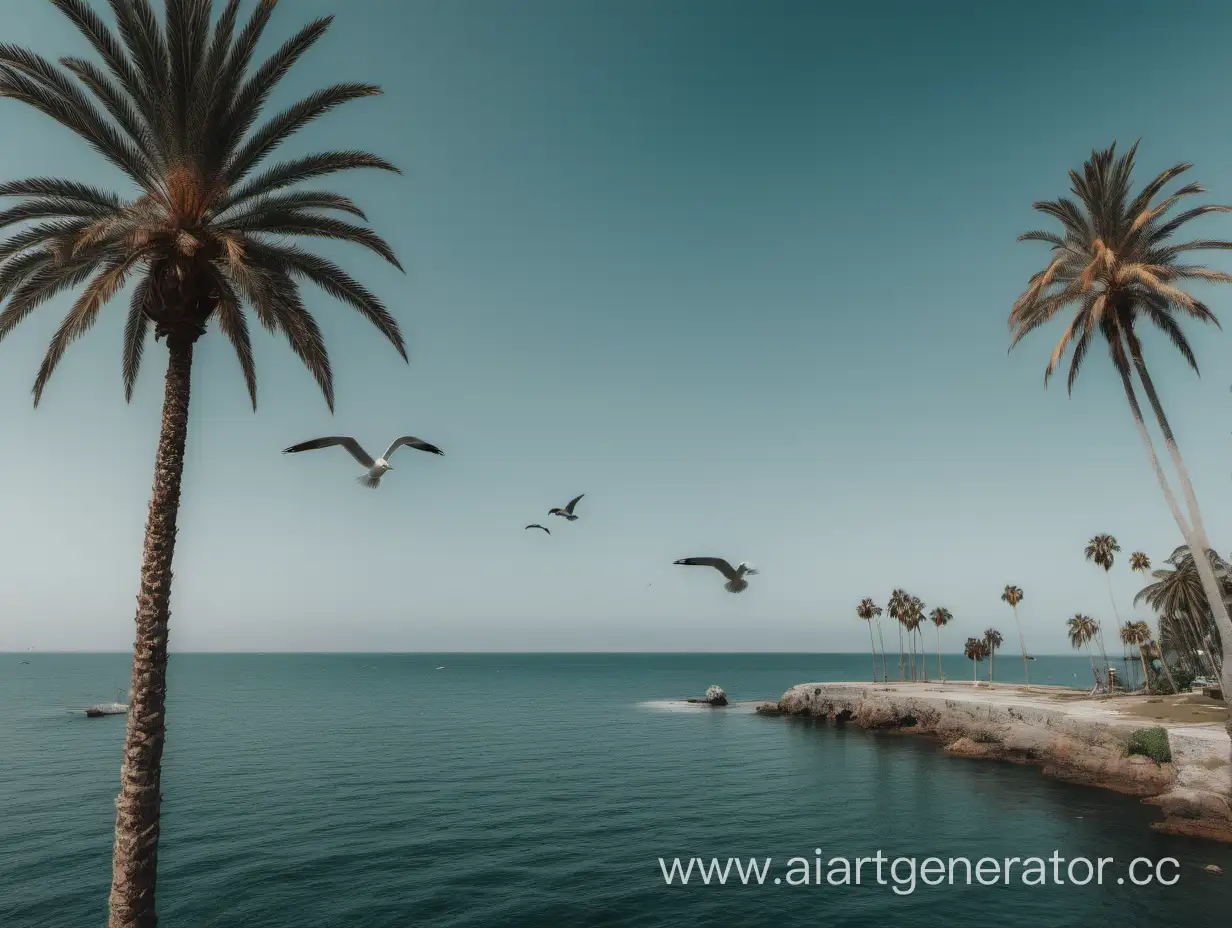 Serene-Seaside-Scene-with-Palm-Trees-and-Seagulls