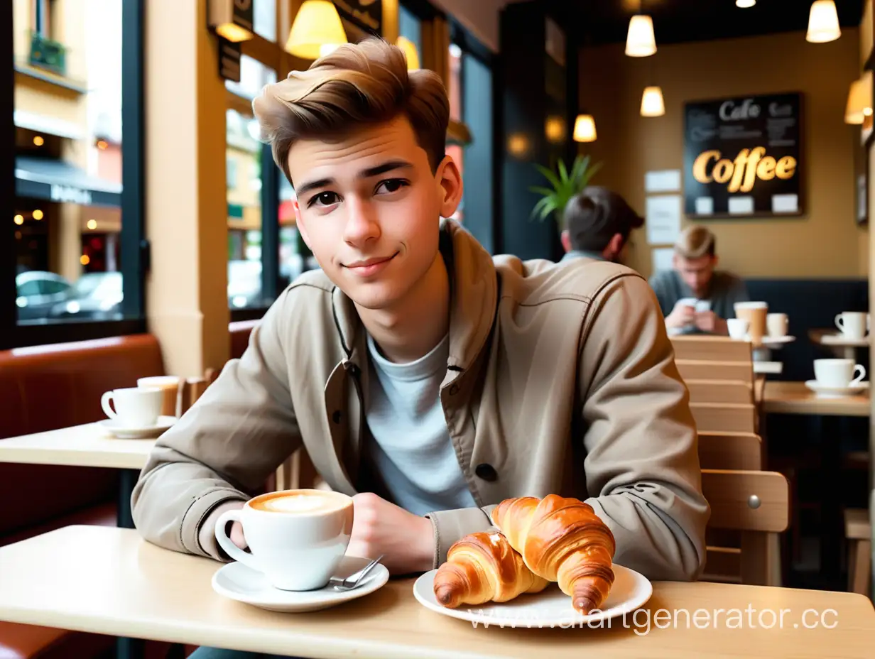 молодой человек сидит в кафе, рядом кофе и круассан