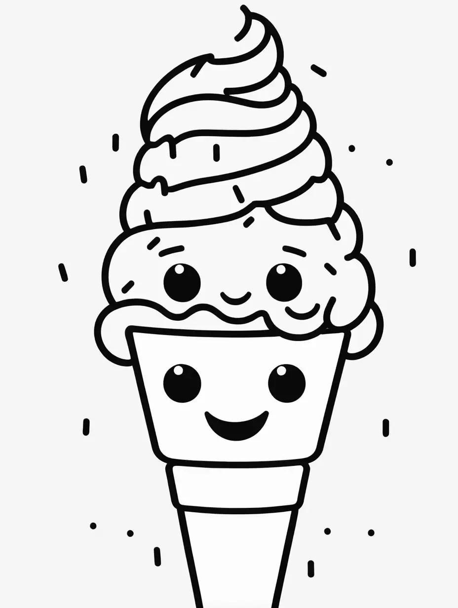coloring book, cartoon drawing, clean black and white, single line, white background, cute ice cream, emojis