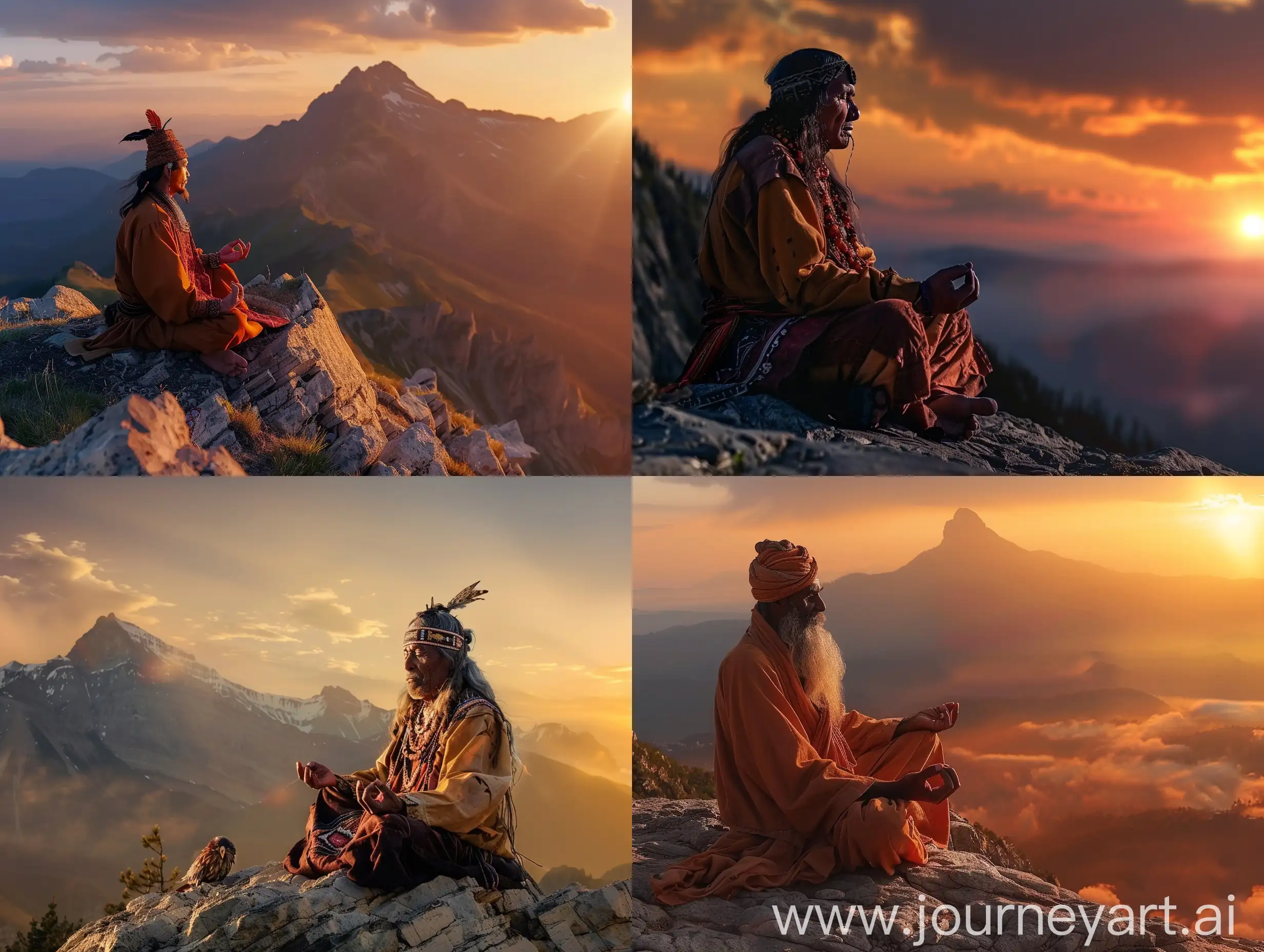 An altai shaman is meditating on top of a big mountain, his spirits wander nearby, at sunset, very good photo