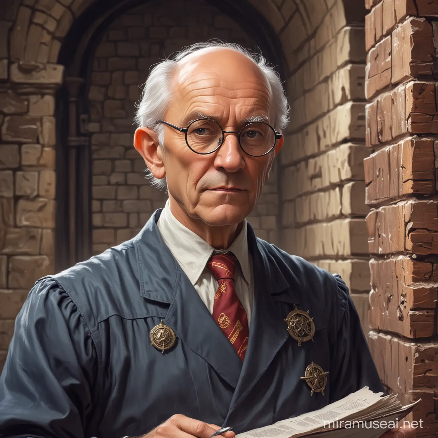 dungeons and dragons, old prison administrator, wearing round glasses