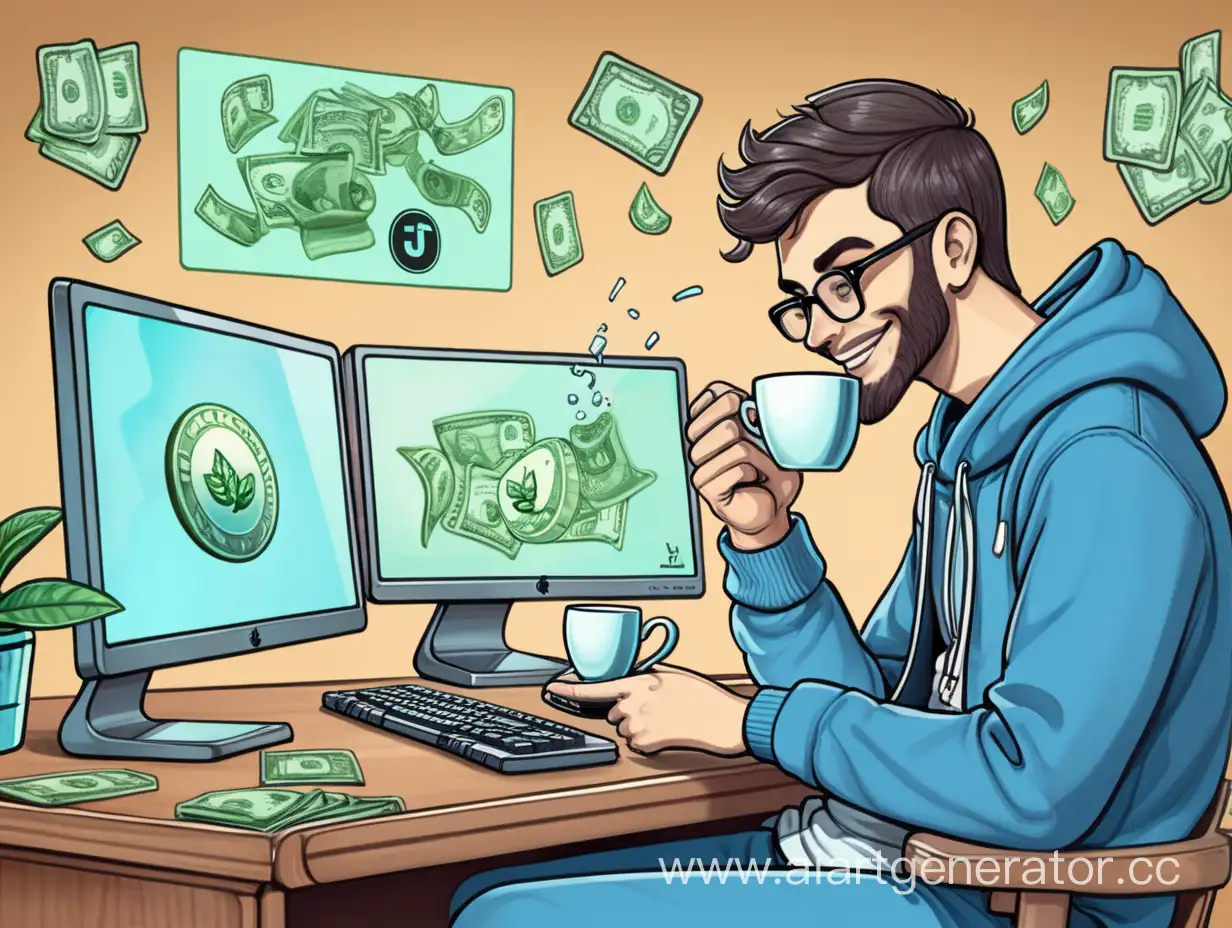 Нарисуй человека программиста который сидит за компьютером радостно зарабатывает деньги в телеграмме,
И одновременно пьет чай, в зади у него лежат деньги и компьютер у него Игровой