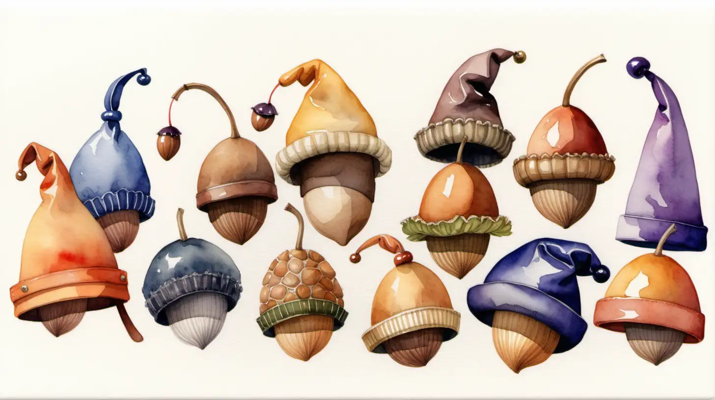 A watercolour fairytale painting of a variety of hats made out of acorns

