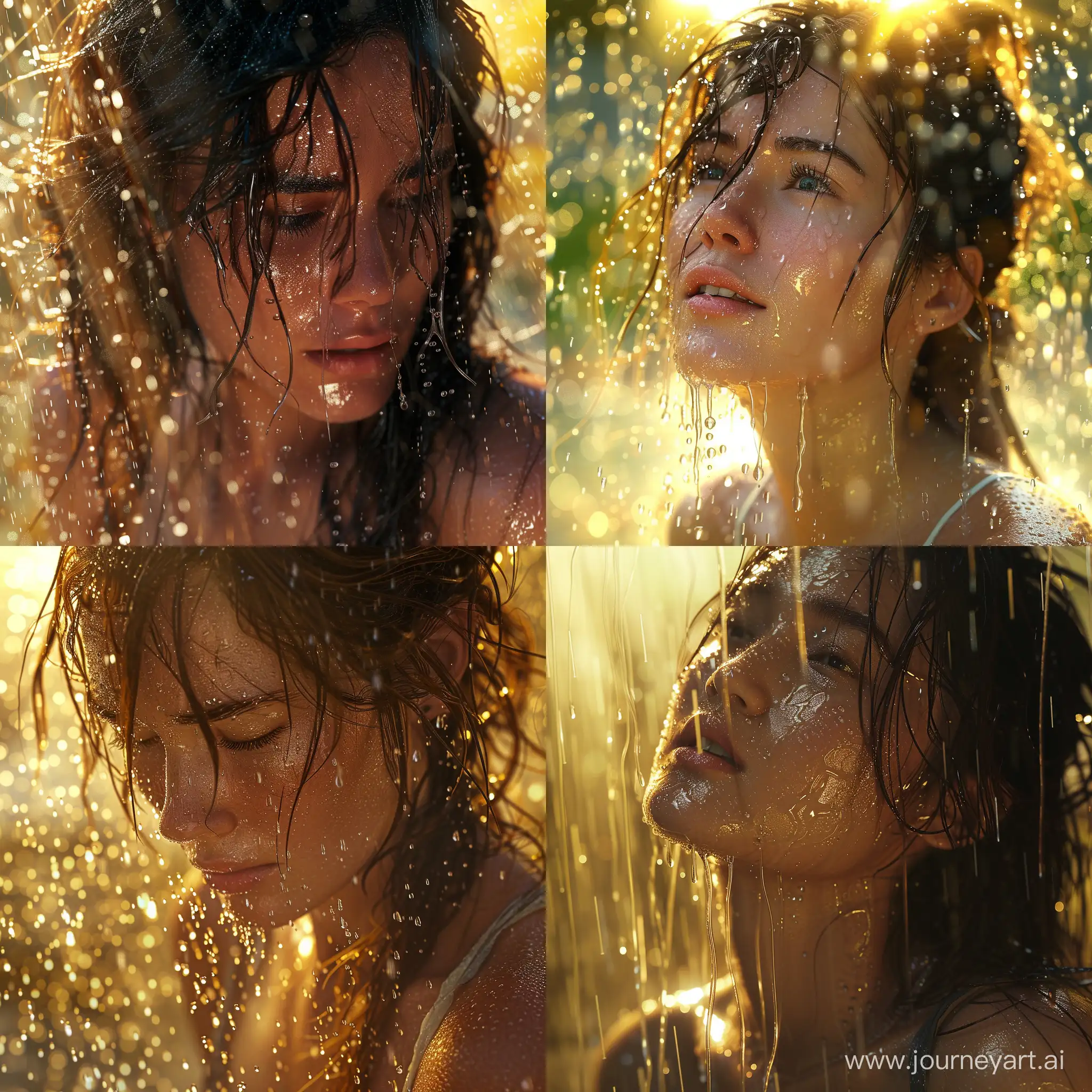 extreme close up, double exposure,beautiful woman in the rain, detailed raindrops running down her face, wet hair, wet clothes stuck to her body, super detailed photography, Play of light in the sun rain, downpour, ((a drop of water falling from a height onto the surface of the water)), splashes, luminism, intricate, 4k concept art volumetric light, unrealistic engine, global illumination, detailed environment