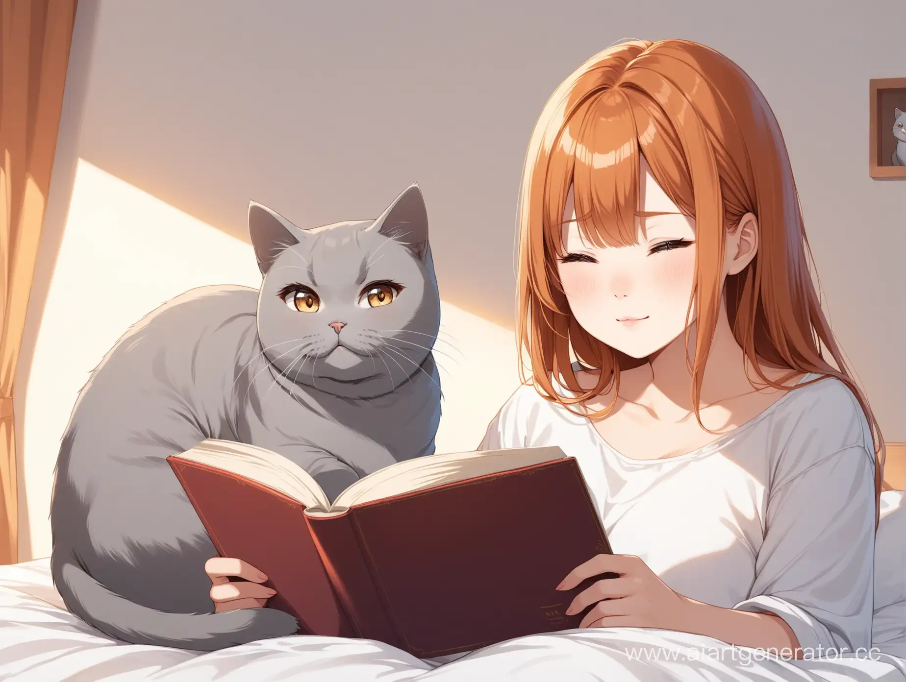 Young-Woman-with-ReddishGolden-Hair-Reading-with-British-Shorthair-Cat-in-Bedroom