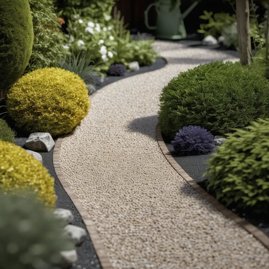 Create a realistic image of a Gravel Path: A Cost-Effective Garden Pathway use a Sony a7 lll camera with a 85mm lens. The image should be shot in high resolution and be ultra-realistic.

