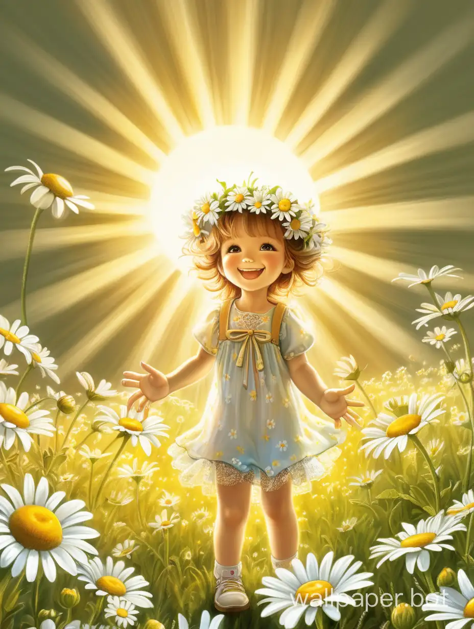 The sun affectionately smiles at the children, the sun has a wreath of small daisies above its head... The rays are coming from the sun to the children
