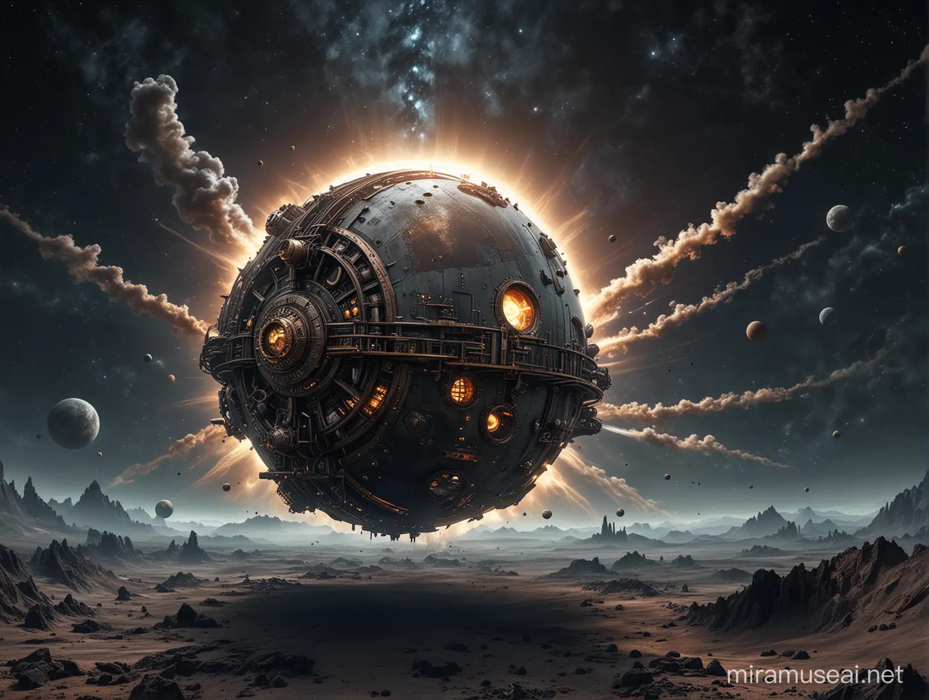 A Planet Made Of Metal And Steam In Vast Blank Space, Steampunk, Fantasy Theme, Astrology, Detailed, 3D Photo, High Resolution, Grim, Space Background, Dark Background, Blank.