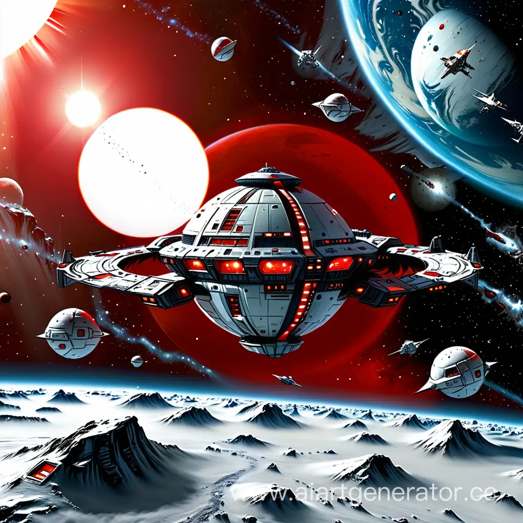 Spaceship-Flying-Away-from-SnowCovered-Planet-with-Red-Dwarf-Sun-in-Background