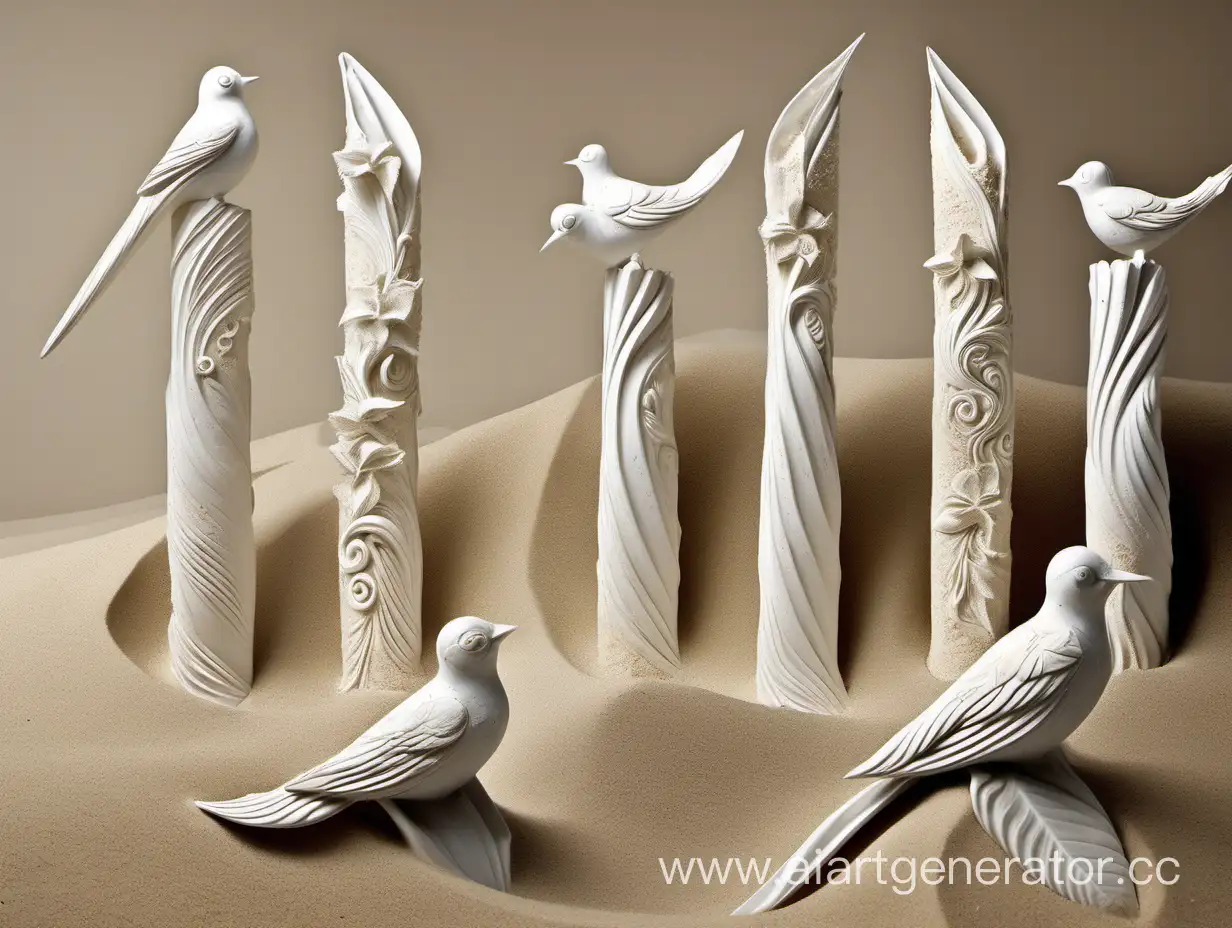 Ethereal-Gypsum-Sculptures-Avian-and-Floral-Surrealism-on-Sandy-Shores