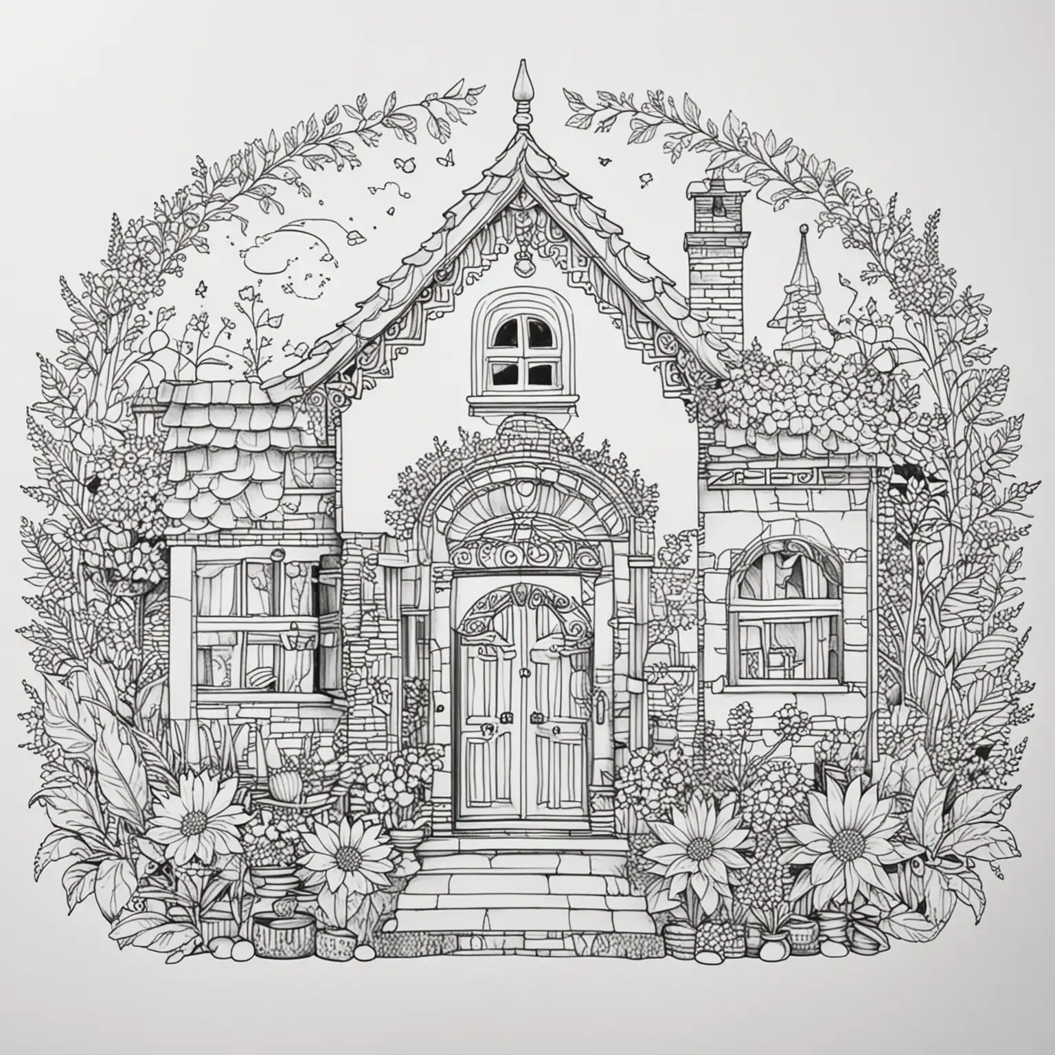 Easy coloring page for adults, pretty home, white background