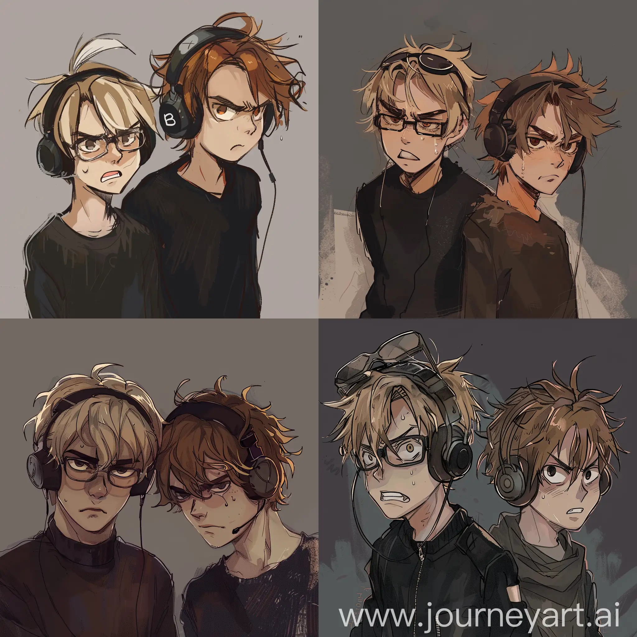 dark theme, two teenagers, drawing, two boys, one with blonde hair with glasses on his head and black outfit looking annoyed, and the other one with brown messy hair and headphones