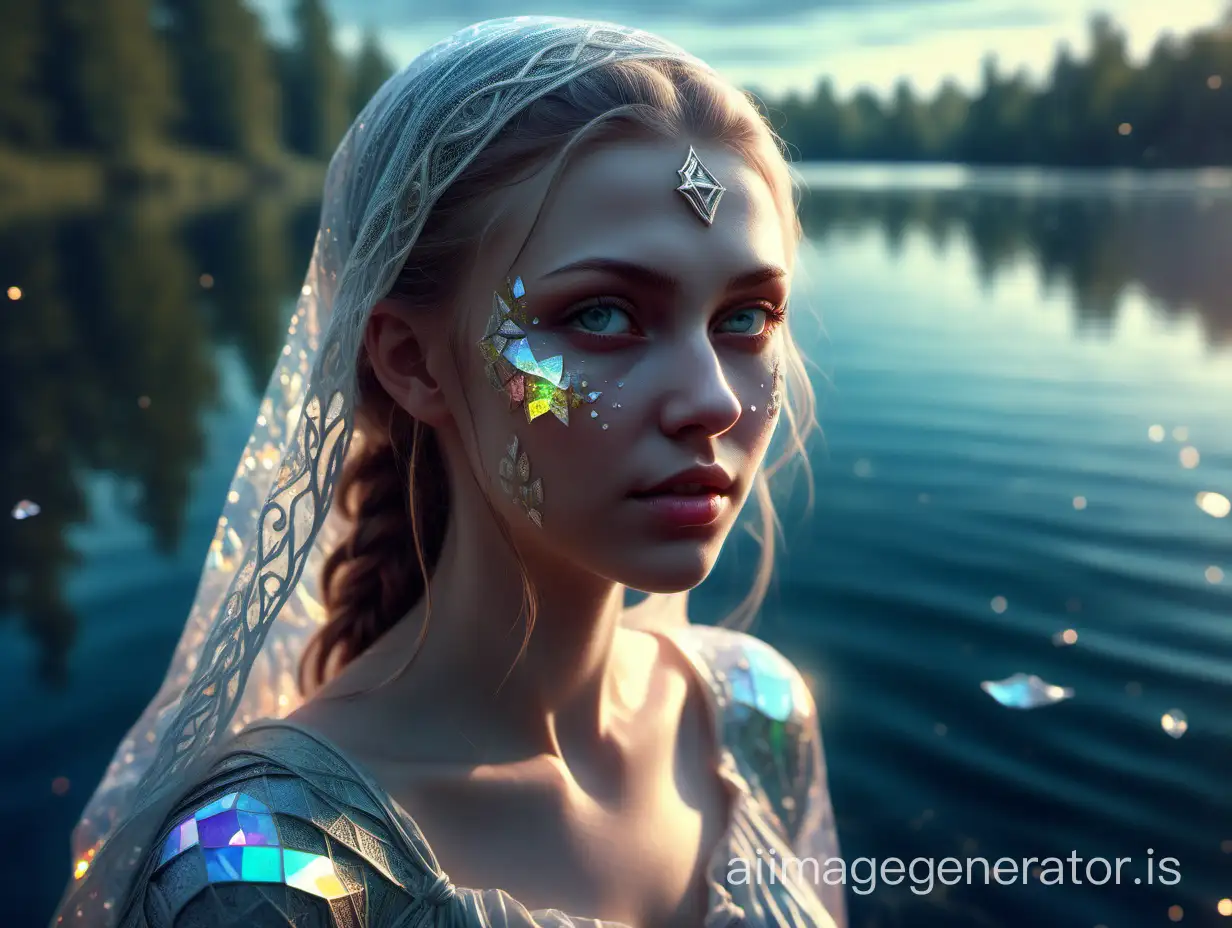 Slavic girl on the lake.Super detailed.Soft dynamic improved light.Epic,extremely detailed,epic close-up,brilliant,grainy,noisy,fantasy concept art,high quality.Holographic astral illustration in 64k resolution.Everything is crystallized.The cosmic veil.Breathtaking inner glow effects!It goes well with objects, flora, and fauna.Ray tracing.
