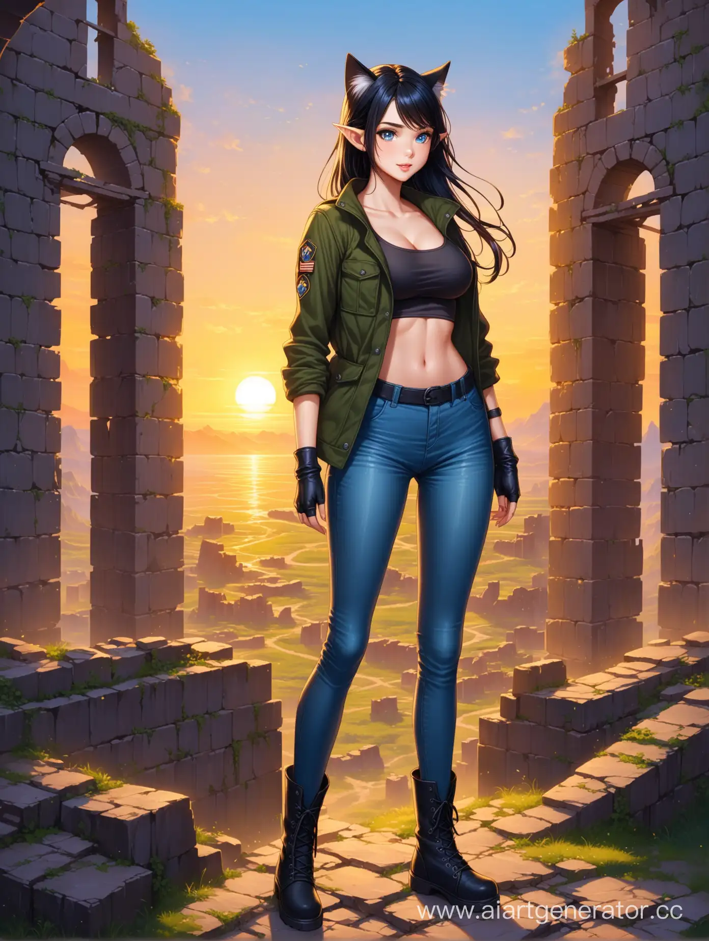 Stunning girl character in realistic style (cut black hair, big expressive skyblue eyes, cute face), hot luscious lips, upward turned not long elf ears, full 180cm body, slender fit figure (slim waist, wide hips, medium breasts), beautiful long legs. Wearing roomy olive fieldjacket, tight darkblue jeans, black combat boots, fingerless gloves, cat ear rim. Stands in the fantasy ruins at the sunset. Full body image.