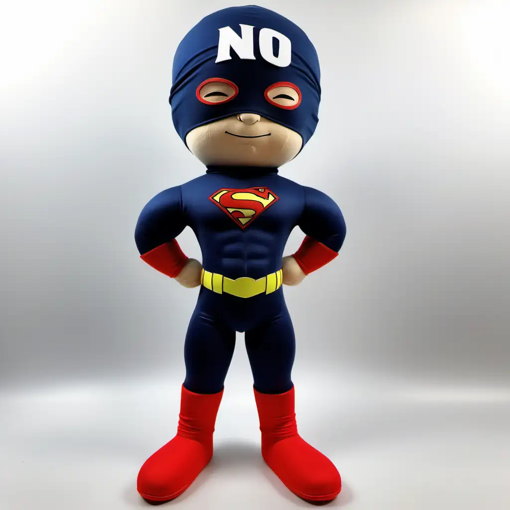 Plush Toy, Super hero , boy ,mask  ,NAVY BLUE uniform ,  long pants  , huge round Muscles  ,long legs , long arms down to the ground, ,long tight pants, PS logo, no cape. athletic, bandana on the head 