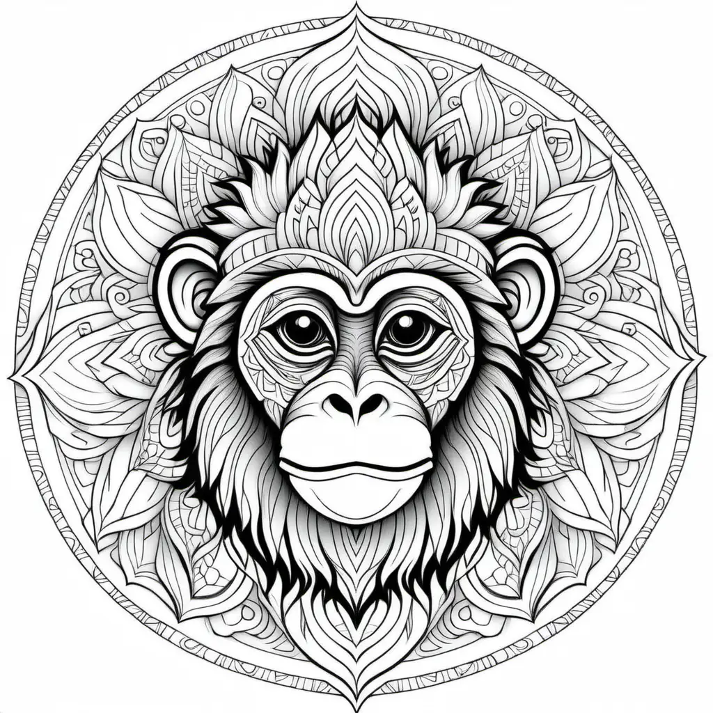 coloring page for adults, mandala, Monkey, white background, clean line art, fine line art 
