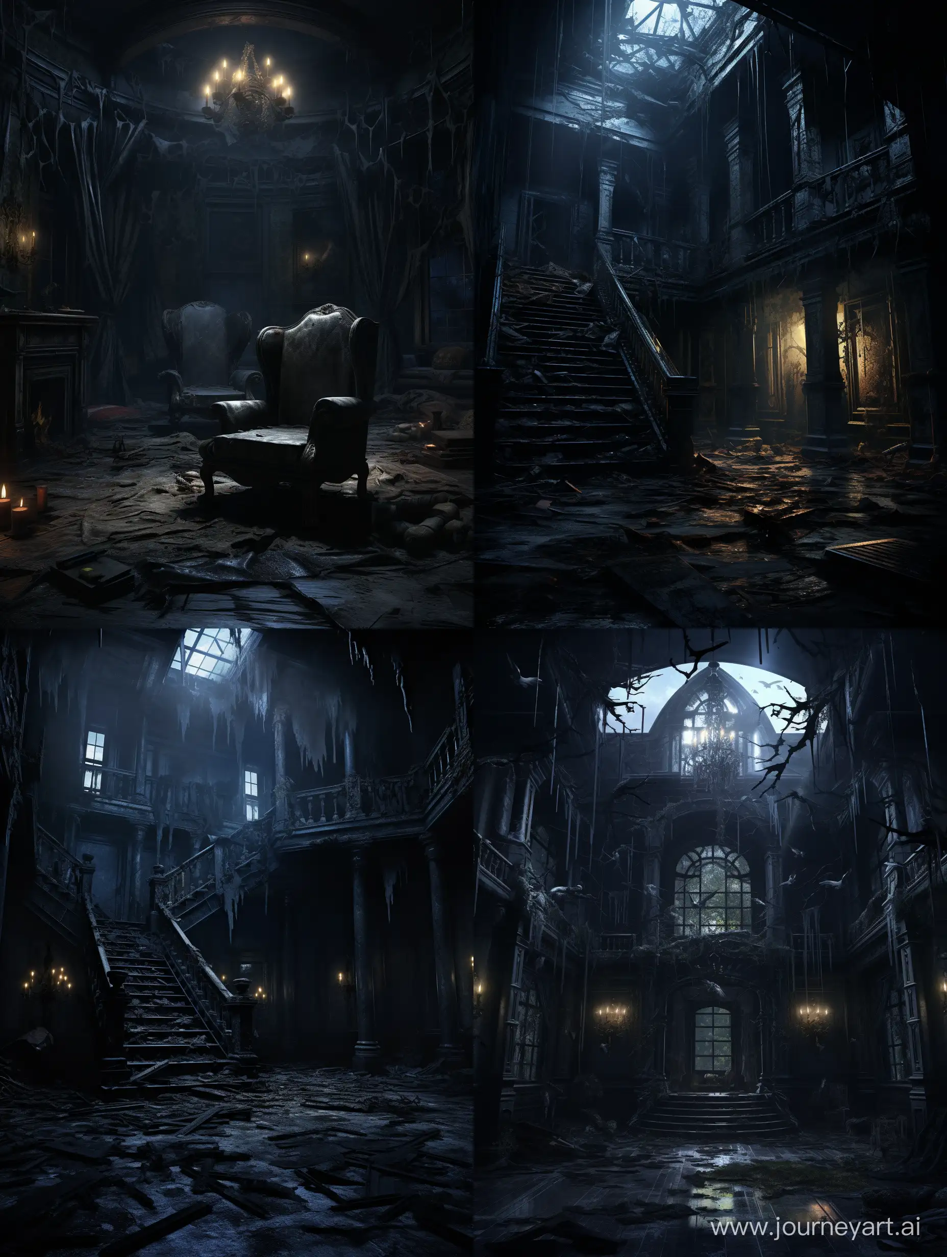 Scene description: The protagonist lights the way with a flashlight, its beam cutting through the dimness inside, revealing dust-covered furniture and cobwebs. The air is thick with the smell of mold, and every step echoes in the interior, creating a suffocating and uneasy feeling. The mansion's windows are covered with thick curtains, allowing only slivers of moonlight to seep through.