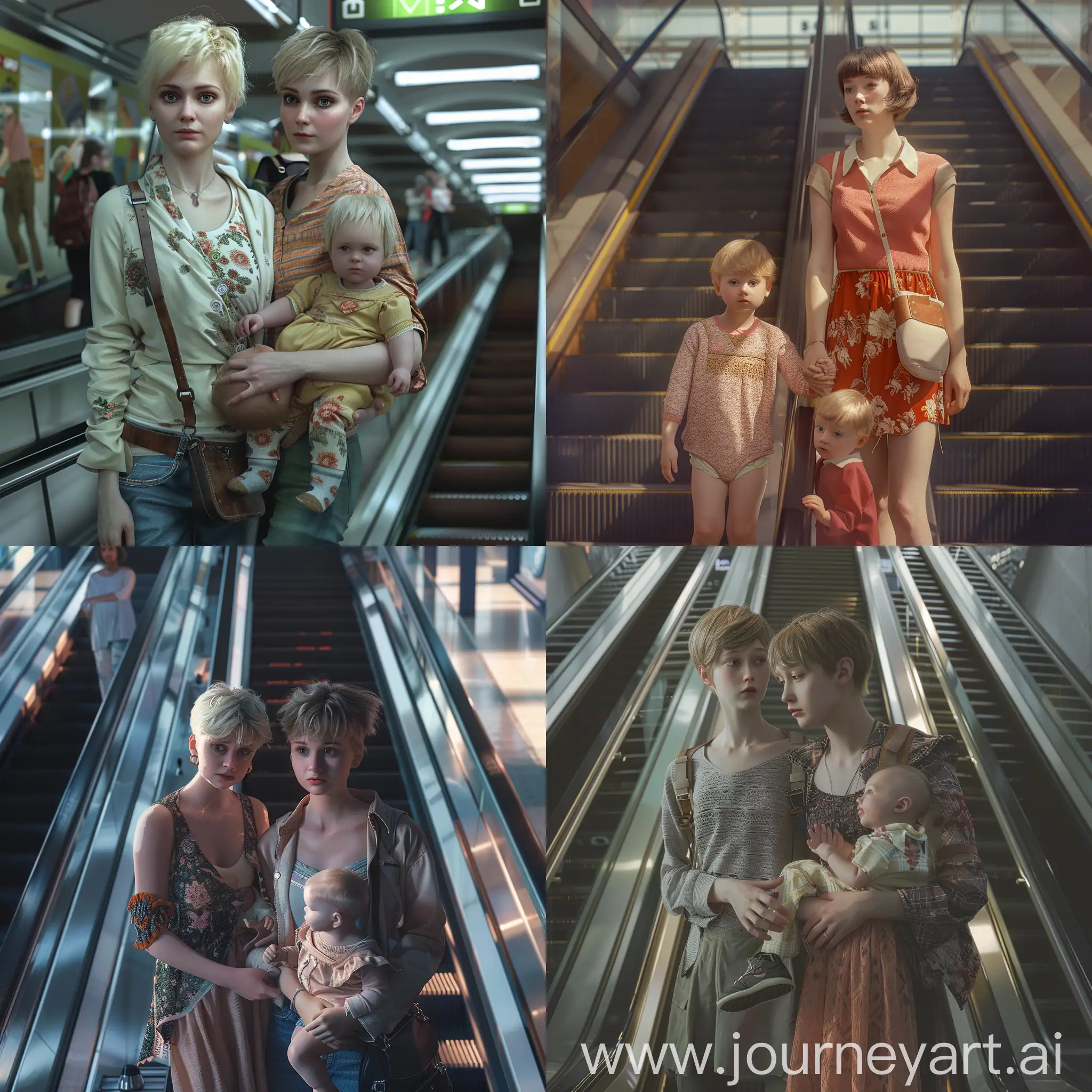 a realistic, as detailed and clear  photo of a European-looking  mother with a fair-haired  short-haird teen  both are standing on the escalator in subway, both dressed in spring clothes, the mother is holding the baby's hand