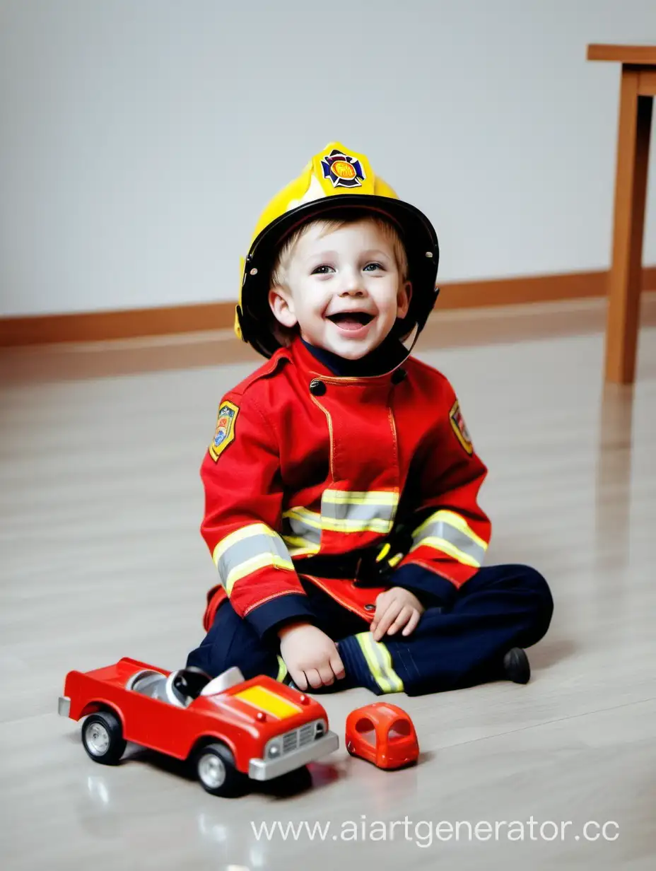 Cheerful-Toddler-Roleplaying-Firefighter-with-Toy-Car