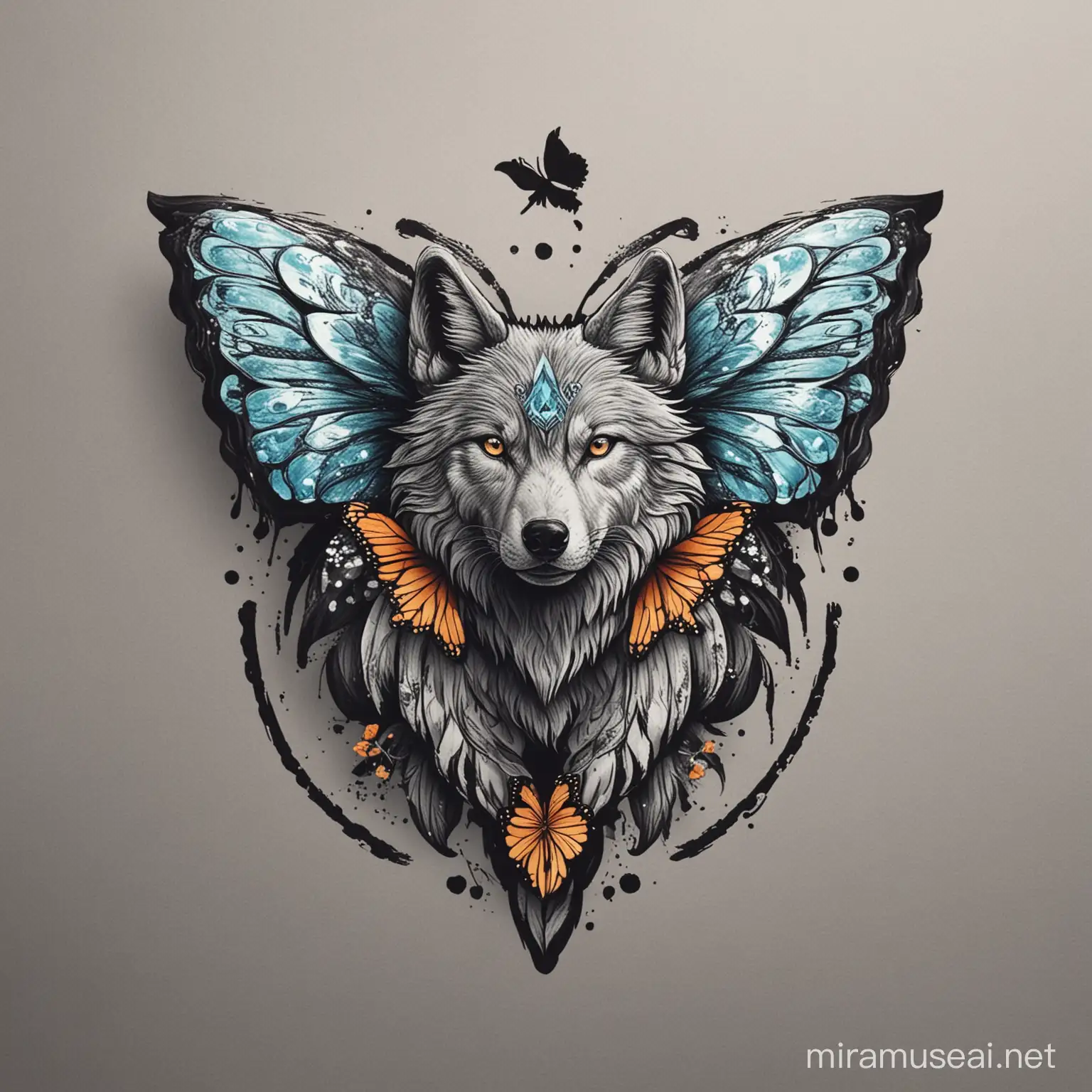 A logo that is a wolf between a butterfly.