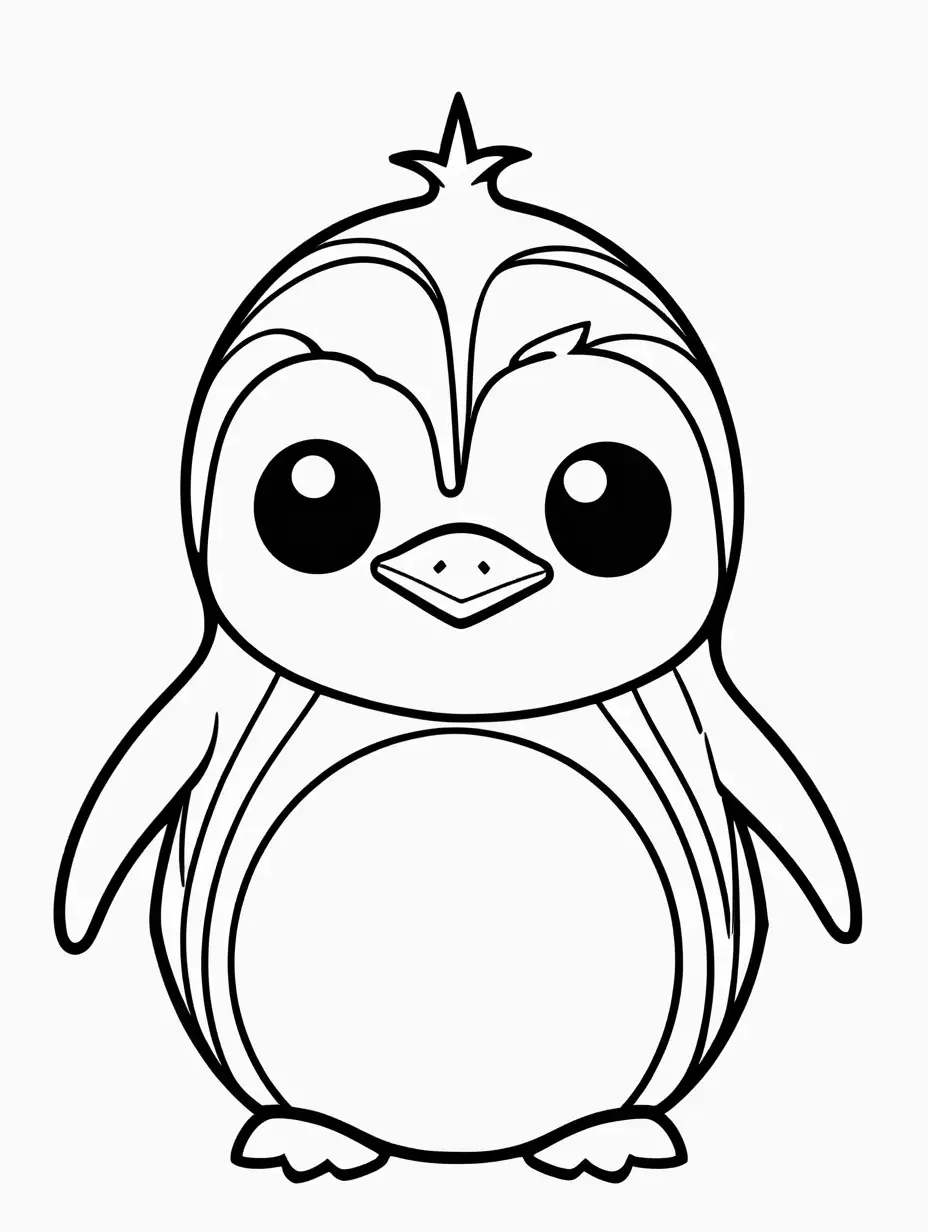 coloring page for kids with a cute chibi kawaii penguin, black lines white background, only black and white