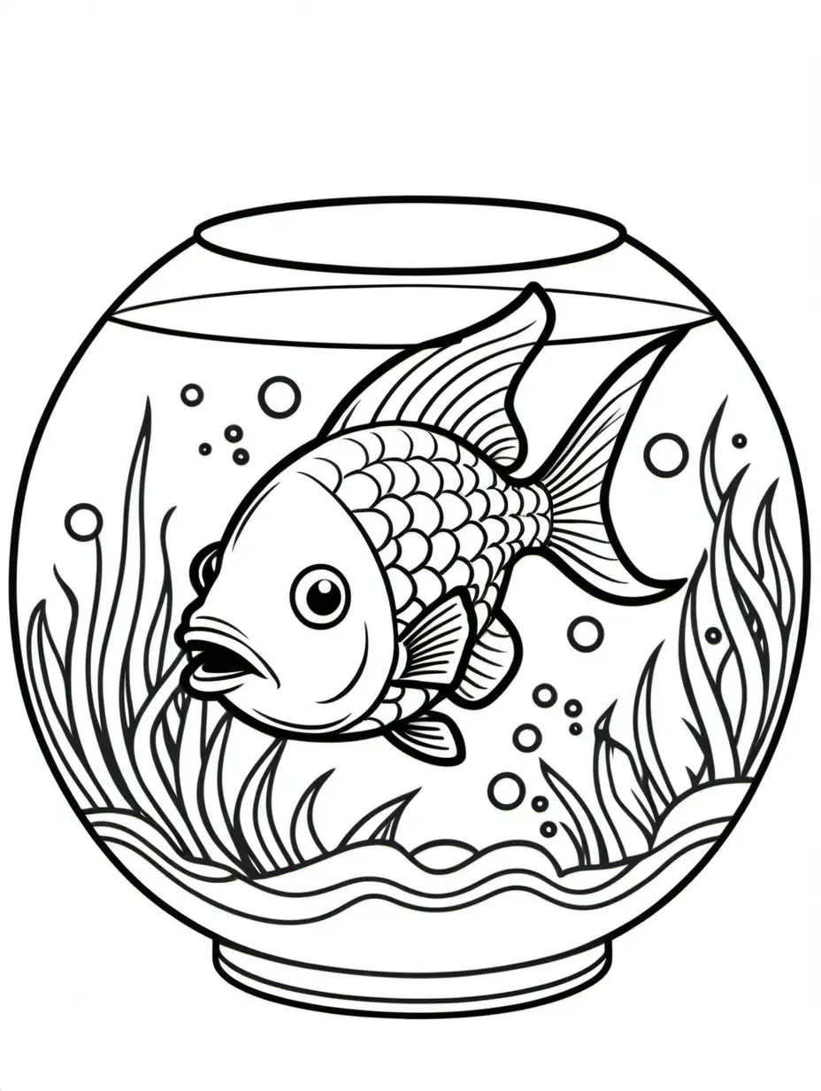 a fish in a bowl, coloring pages, line art colouring page, colouring pages, coloring book outline, black and white color only, kids fantasy drawing, black and white coloring, clean line art, sketch black and white colors, flat coloring, fish in the background, extremely fine ink lineart, colouring - in sheet, you see fishes, Coloring Page, black and white, line art, white background, Simplicity, Ample White Space. The background of the coloring page is plain white to make it easy for young children to color within the lines. The outlines of all the subjects are easy to distinguish, making it simple for kids to color without too much difficulty
