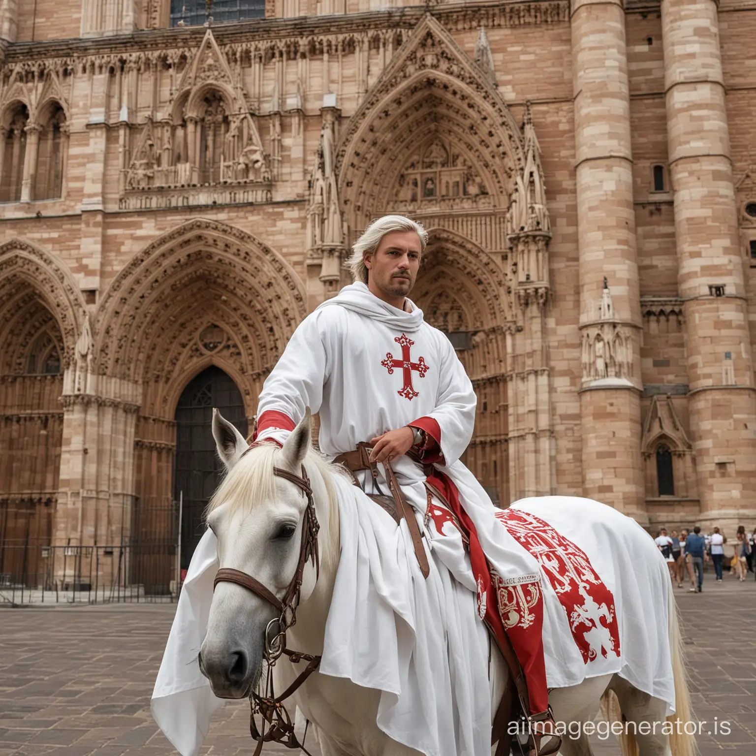 un chevalier cathare sur son cheval devant la cathédrale d'albi, en habit blanc avec une croix occitane