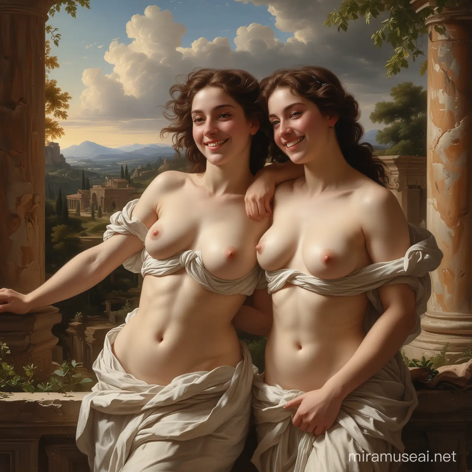 Ancient Roman ruins,landscape in the style of Poussin,A smile,,Sweet and seductive appearance.、Caravaggio's paintings、Chiaroscuro of Caravaggio、Hair disheveled in the wind,Two women frolicking,Cute smile, Expression of ecstasy,A sexy,erotic, smile face, white skin, not wear, telanjang bulat, big boob, vagina realistic, best quality，masterpiece，Utra dilution，super realsitic HD,（pastel colors：1.2）