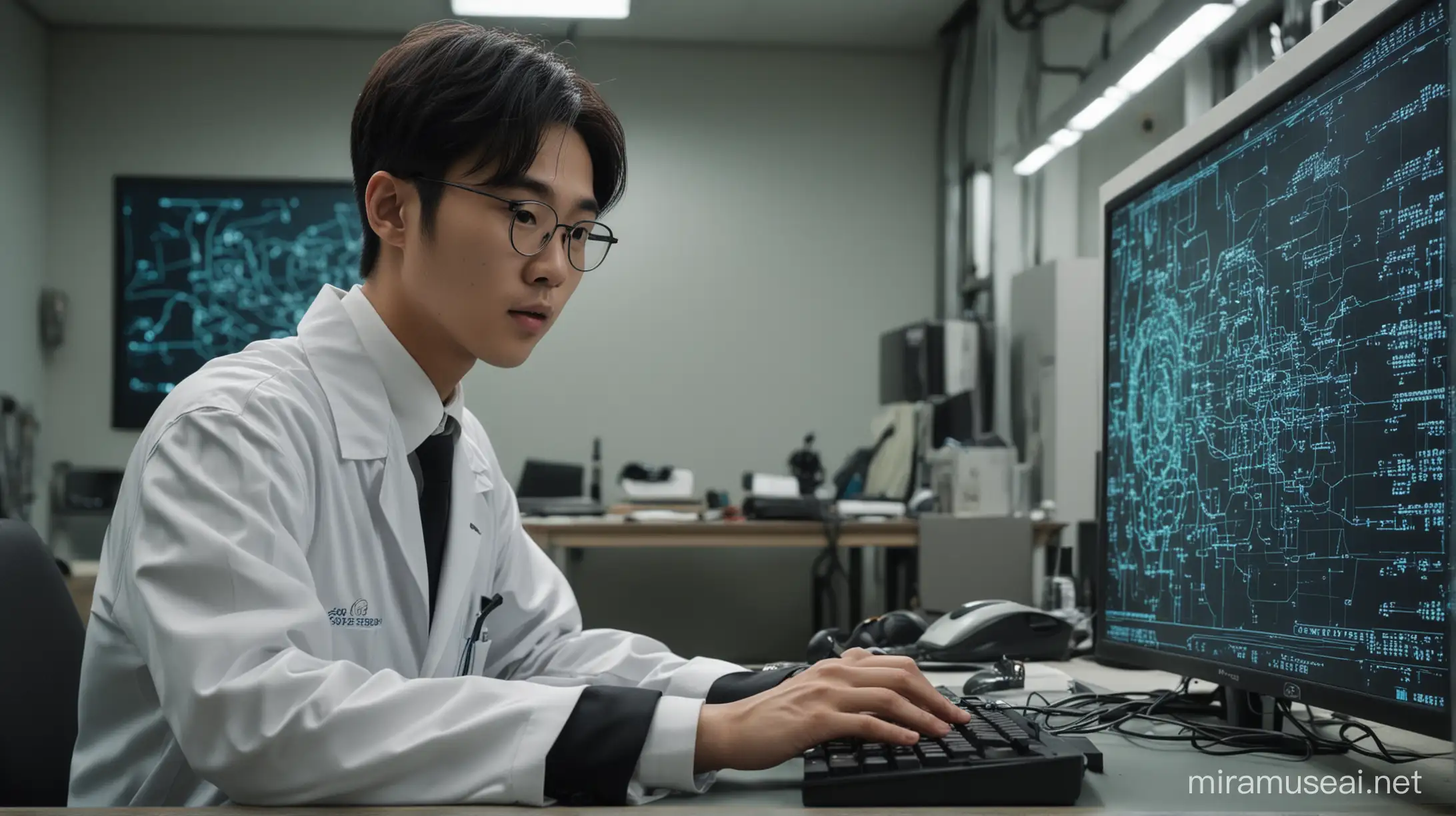 A young Asian korean boy age 25  professor is working on a super AI in a secret base.