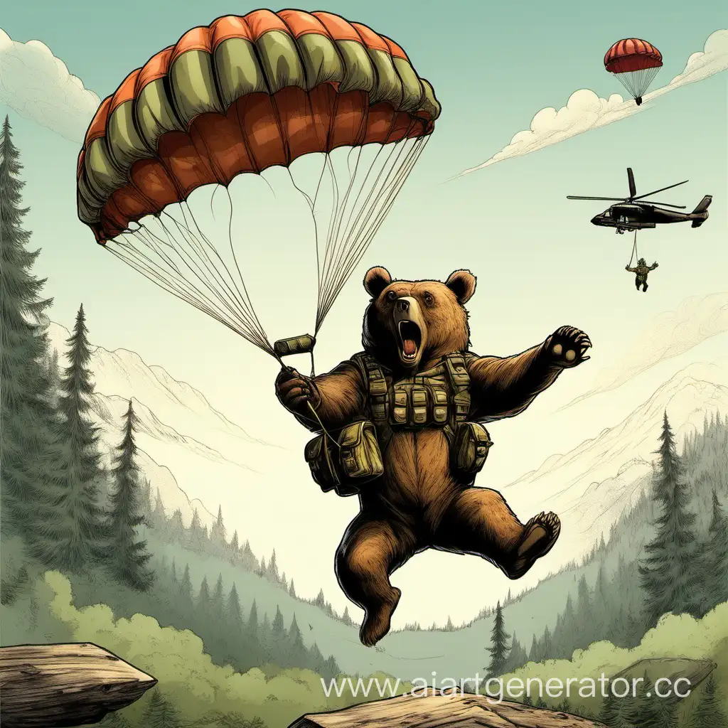 Медведь прыгает с парашютом с автоматом в руках