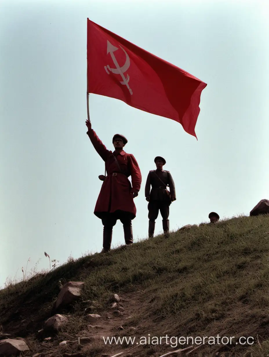Человек с красным знаменем, зовя присоединиться к нему других товарищей, стоит на холме с поднятой рукой