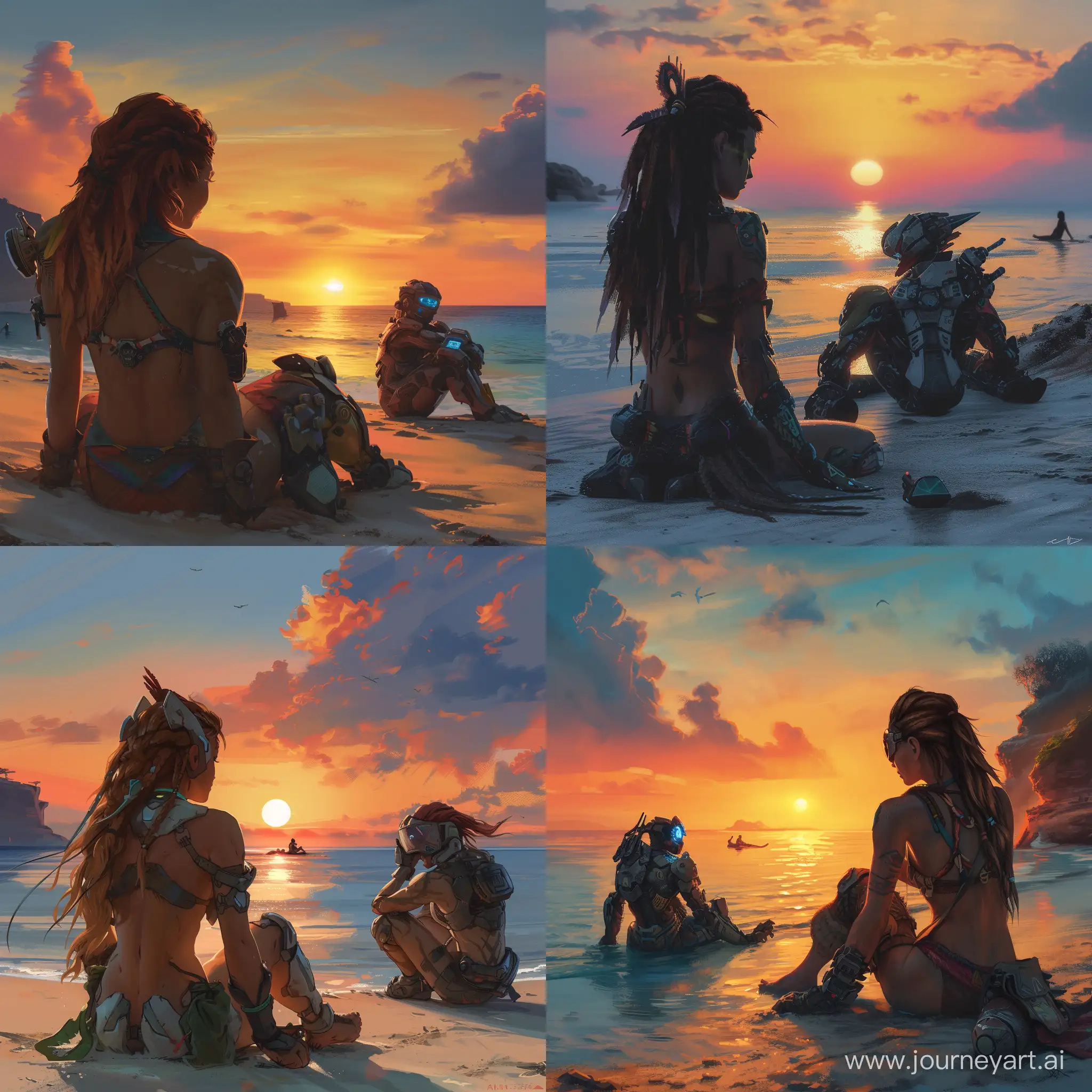 Рассвет, персонаж Элой сидит на берегу моря с роботом рыскорь и смотрит на закат, в это время с на заднем плане сидит Эренд и учится пользоваться визором, Элой в купальнике. 