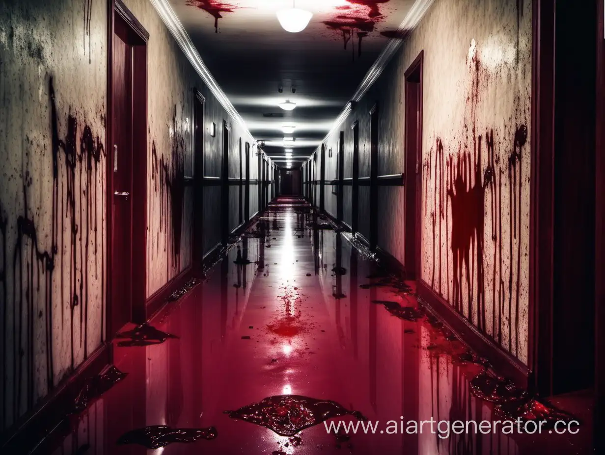 shabby horror hotel corridor with blood on the floor