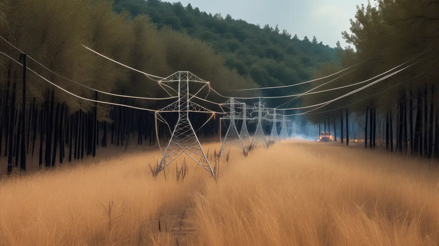 Draw a power line network with pylons running through a wooded and rural area, causing in a date in August a fire ignition due to a sparking downed power cable in an area covered by tall dry grass and brush and sparse trees.
