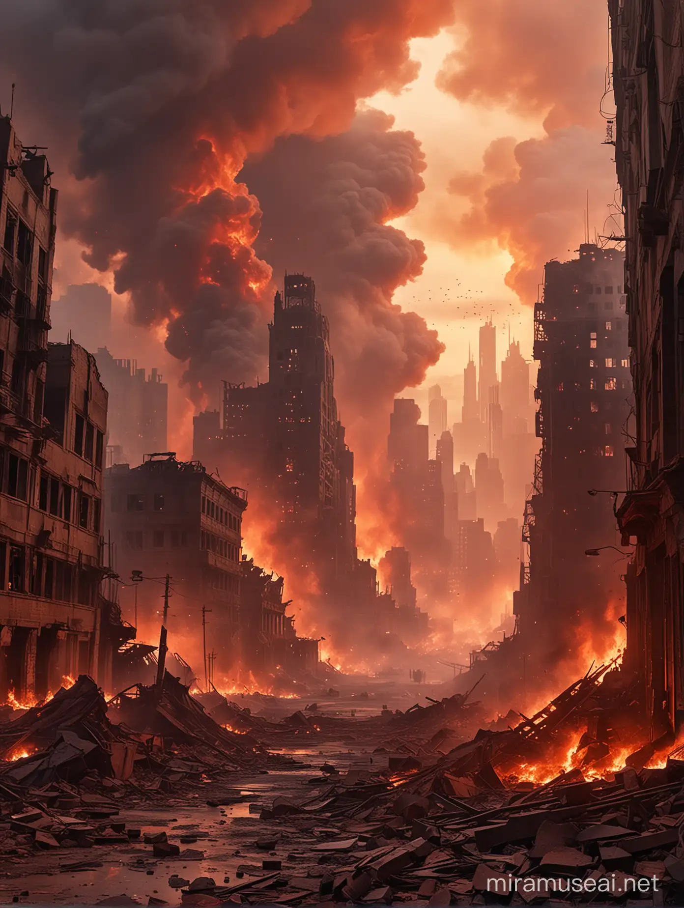 landscape, city in ruins, marvel sentinel lies smouldering in the ashes, the sky is red from smoke and flames, crumbling skyscrapers blot the skyline
