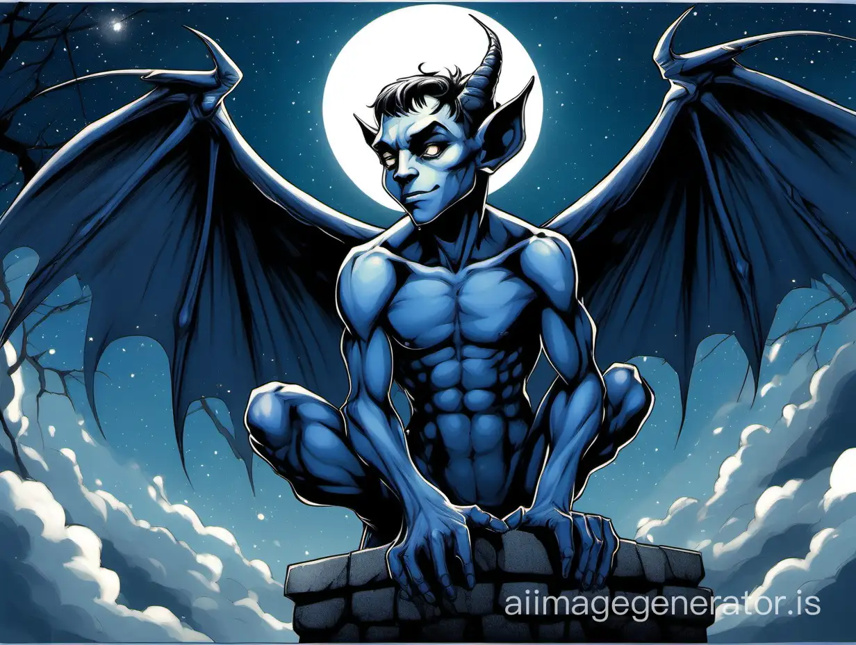 A young gargoyle-boy with humanoid proportions, a tail and Wings is flying nude in the nightsky
He has smooth dark-blue skin. He is skinny. The skin should be leathery and smooth. On the forehead, above the eyes, there are two horns. He has claws instead of fingers and toes. Show the entire gargoyle in a long shot. 