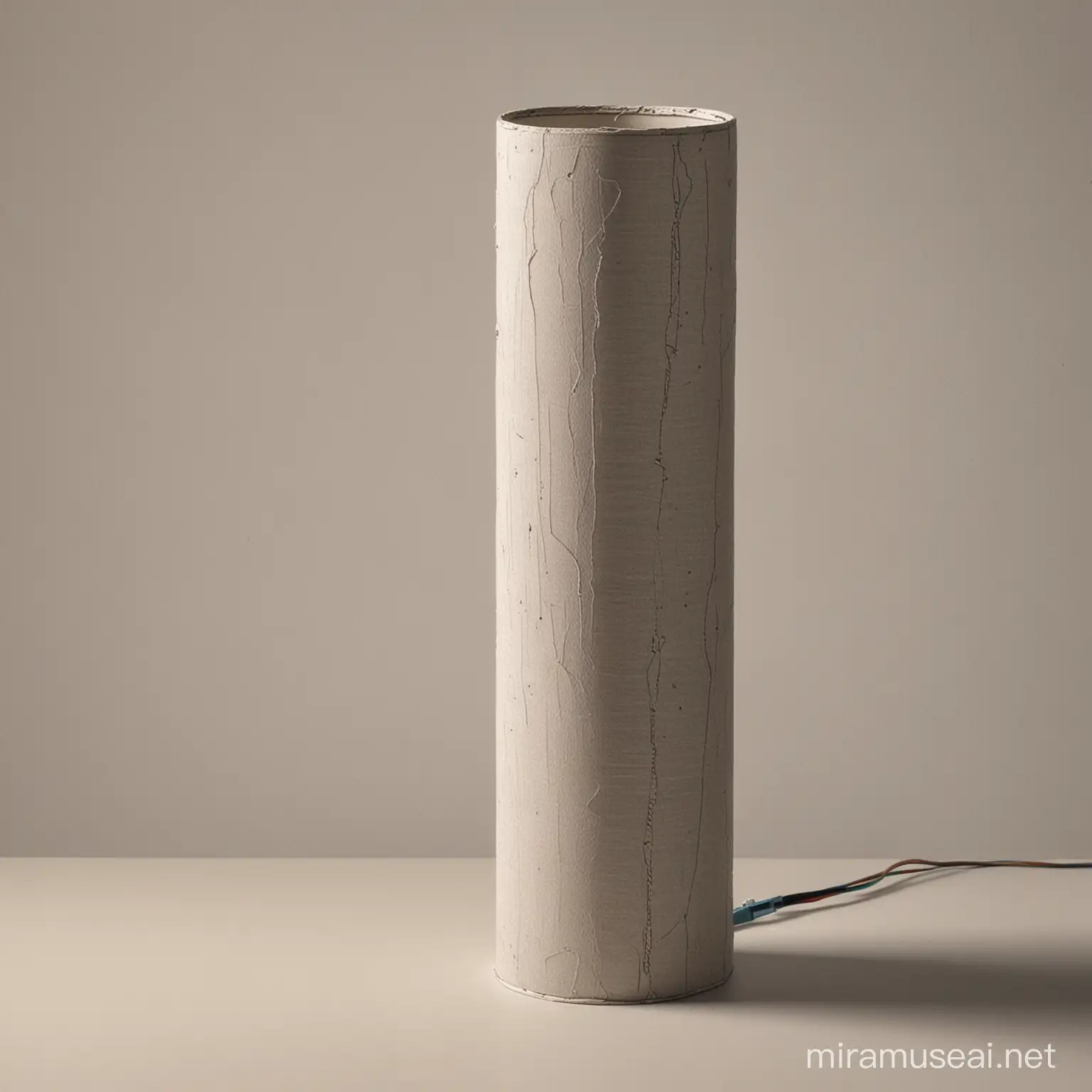 Start by drawing a cylindrical base for the lamp, representing the recycled materials.
Above the base, draw a slender, elongated cylindrical body to represent the lamp's structure.