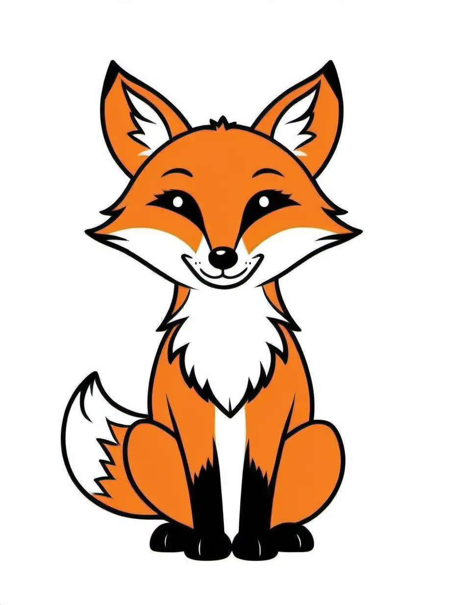 bright color, Very easy coloring page, simple happy  fox, Without shadows. Thick black outline, big details. White background.

