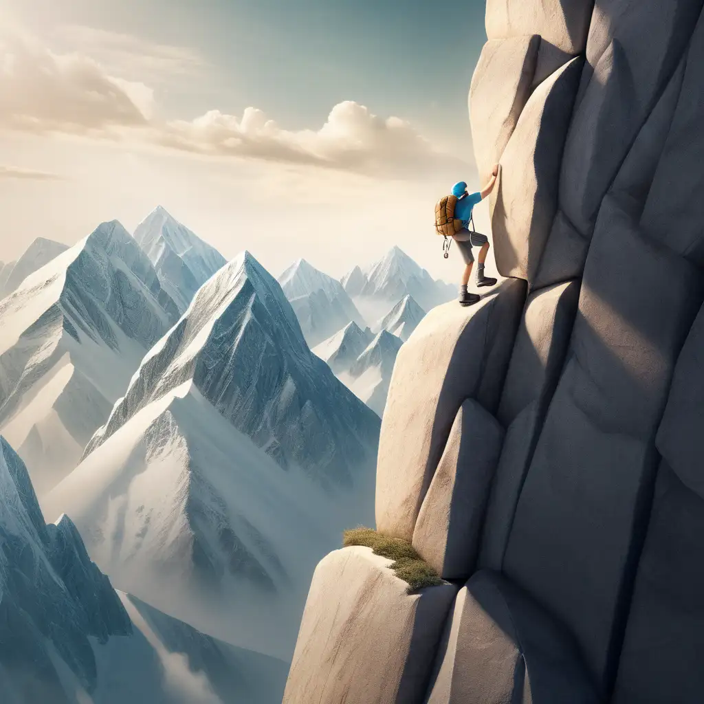 Ambitious Man Climbing Mountain Symbolizing Determination and Hope