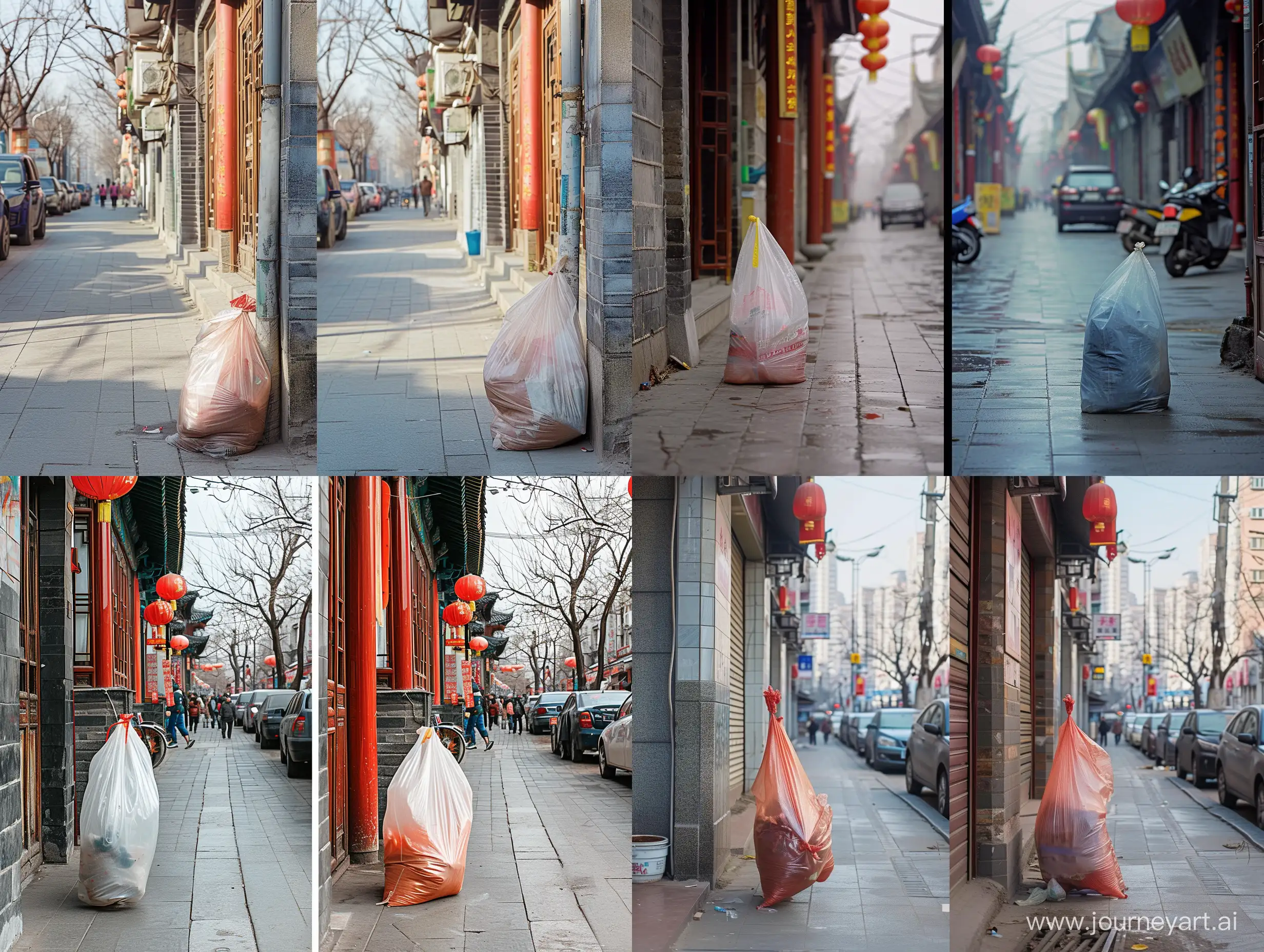 请生成两张中国街道图片，画面大部分是人行道，一张有一个塑料袋，一张没有，请确保背景是一样的