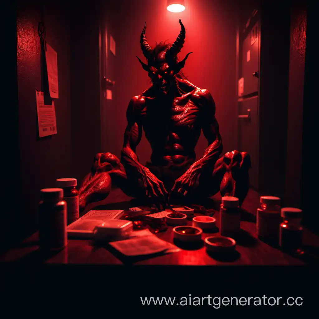 Yeat in the form of a demon lies around the medicine in a very dark room with dim red lighting