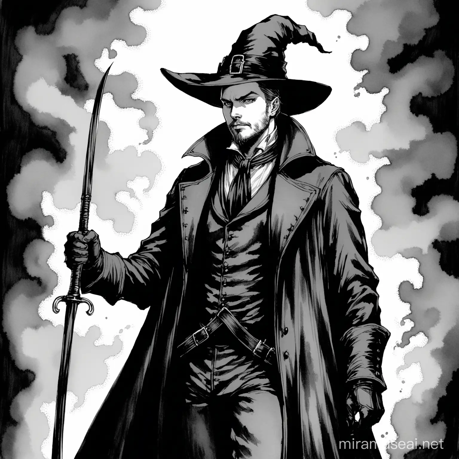 Victorian Era Male Witch Hunter in Monochromatic Ink Painting