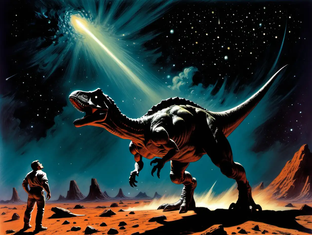 man on his back looking at a dinosaur at night during a meteor shower stuck on Mars
Frank Frazetta style