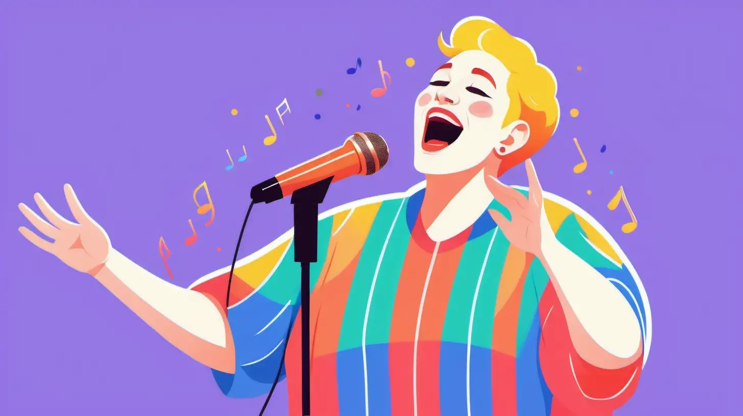 flat illustration style. a caucasian adult nonbinary person singing happily. very colorful.