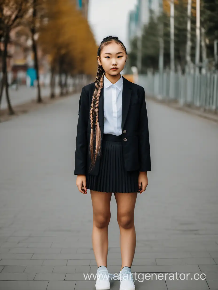 Kazakh-Girl-Fashionably-Dressed-in-Black-Blazer-and-Skirt-with-Braids-and-Sneakers