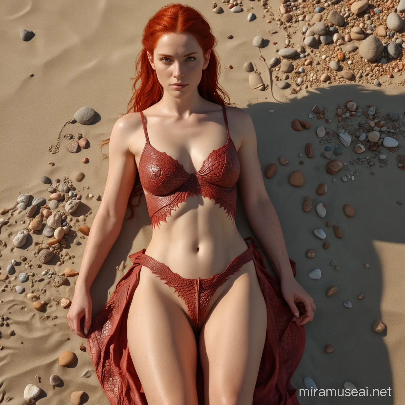 hyperrealistic high detail 4k full body long shot photograph taken from the front left, showing an anatomically correct female human, with red hair, draconic runes carved into the skin on arms, legs and body, dragon-scales are growing on body, sitting at a beach enjoying the sun, she is wearing a sleeveless loose colourful open front top and a loose skirt