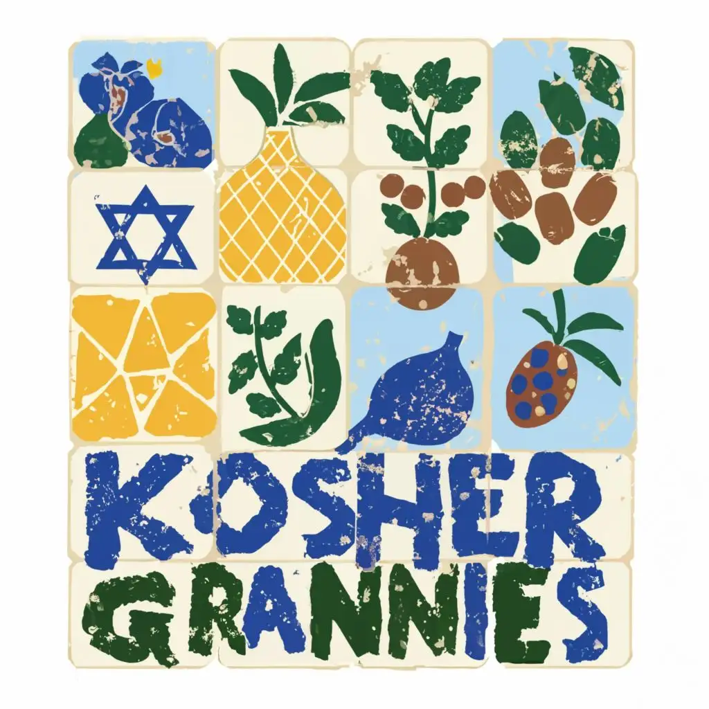 logo, Israel, yellow, blue, white, Jewish tiles, Paul Klee, fig, pomegranate, olives, with the text 'Kosher Grannies', in Portuguese tiles, typography, be used in Automotive industry