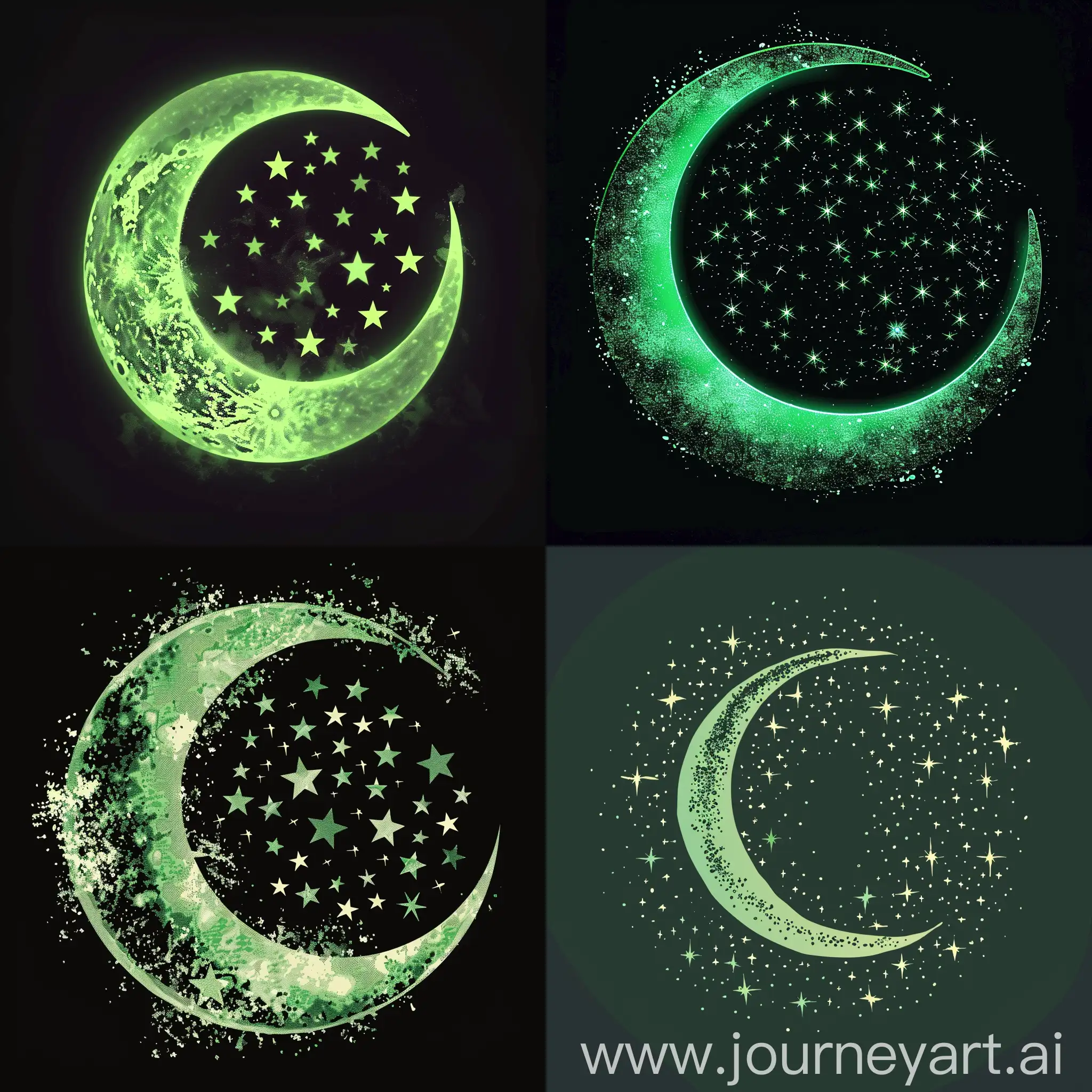 crescent moon inside multistars in green color