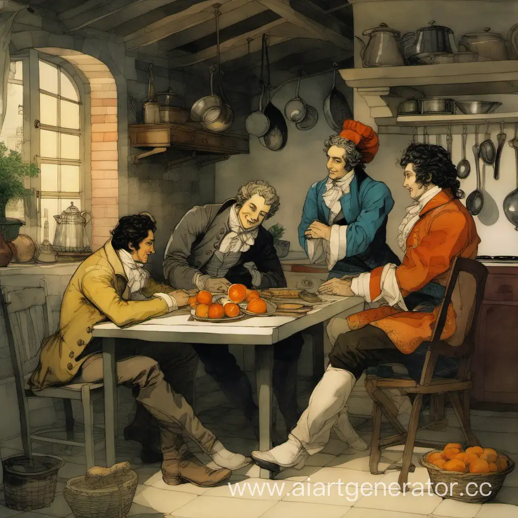 Пушкин сидит с Дантесом на кухне и весело разговаривают